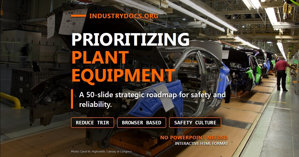Hyundai automotive assembly plant background with text overlay: Prioritizing Plant Equipment - A 50-slide strategic roadmap for safety