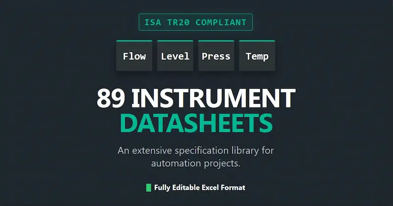 ISA TR20 Datasheets in Excel graphic indicating coverage of flow, level, pressure, and temperature instrumentation devices.