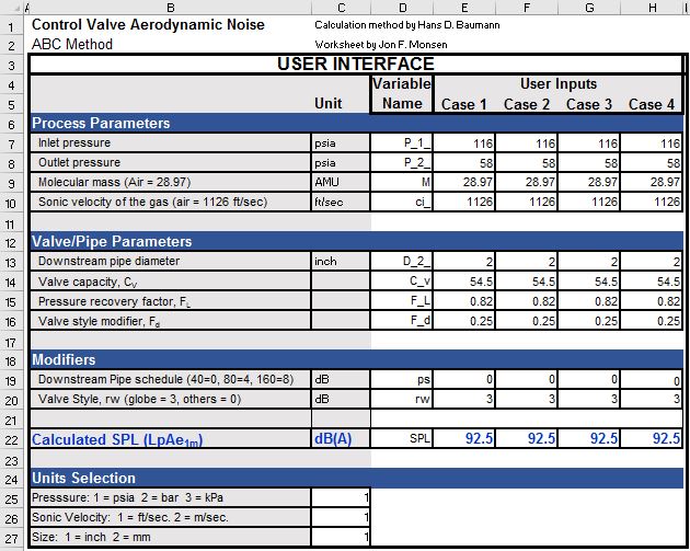 Screenshot of Control Valve Noise Calculation Tool
